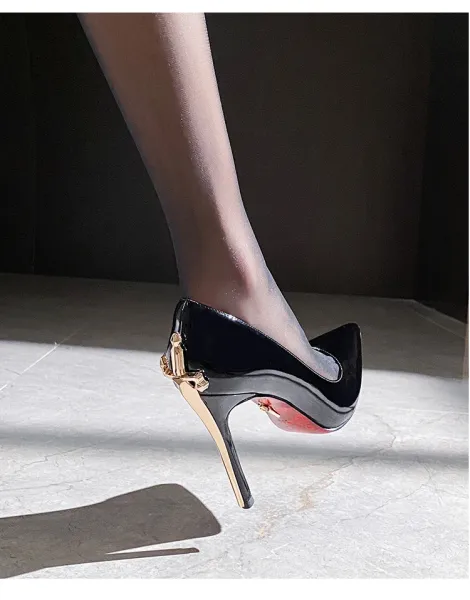 Design Stiletto Heels with Gold Sword Accent Black Heels - 15