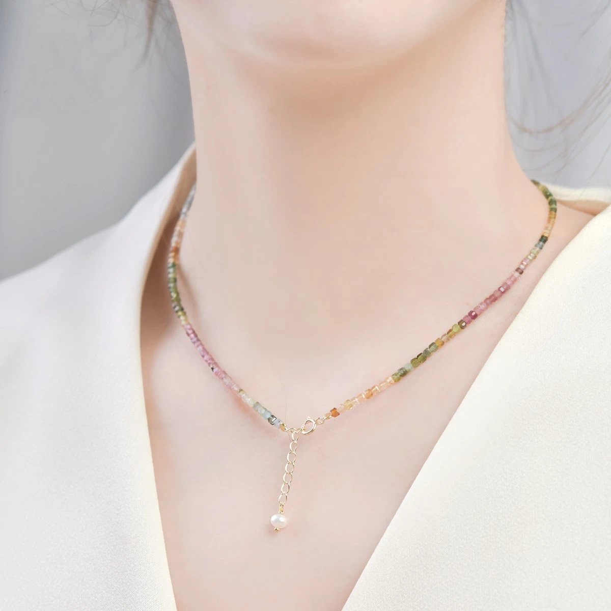 Multicolor Tourmaline Square Bead Choker Necklace