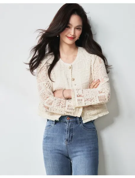 Design Lace Cropped Cardigan Beige Outerwear - 23