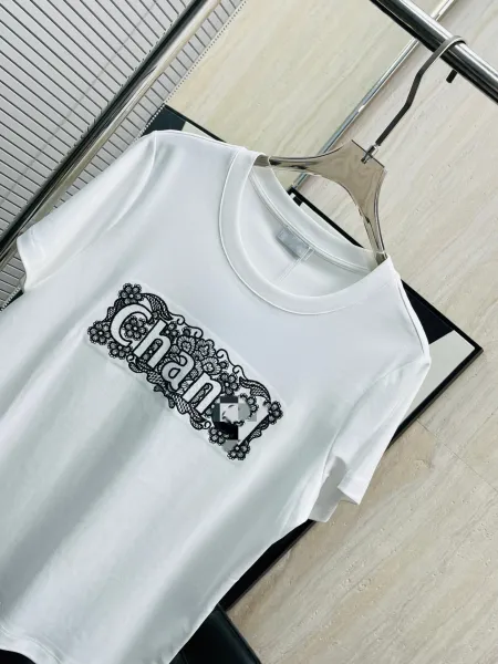 Chanel Lace-Embellished 'Chan' Logo Black T-Shirt - 6