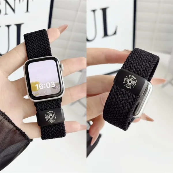Design Woven Nylon Strap with Floral Buckle for Apple Watch Black Smartwatch Band Smartwatches - 1