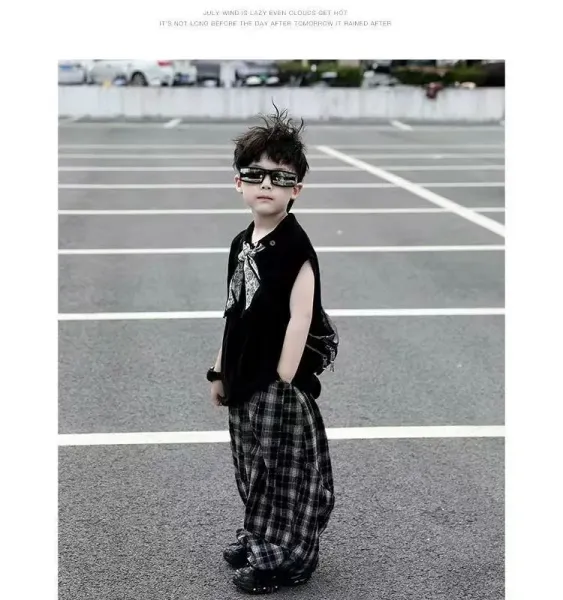 Design Sleeveless Polo Shirt with Bandana Detail, Gray Plaid Baggy Pants, and White Chunky Sneakers - 8