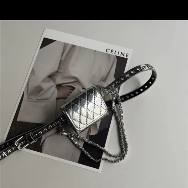 Celine Triomphe Mini Belt Bag Black Quilted Leather with Studded Chain Strap - 7