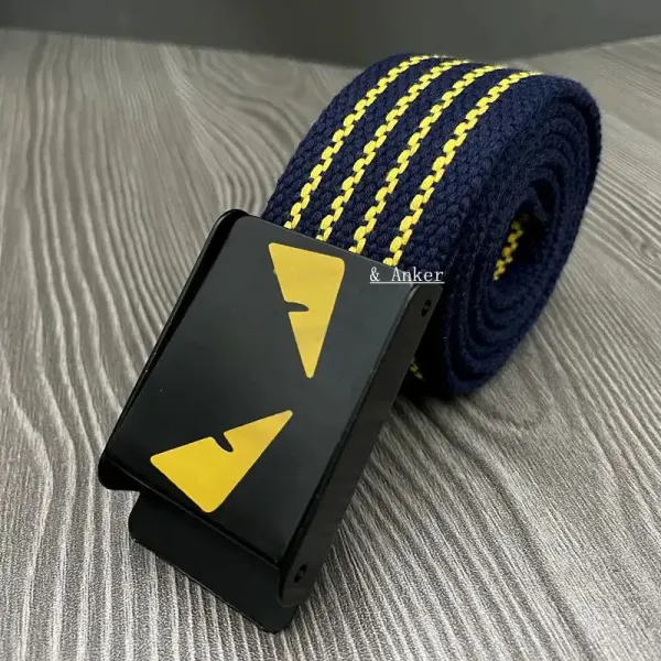 Design Canvas Belt with Yellow Monster Eyes Buckle Navy Blue - 1