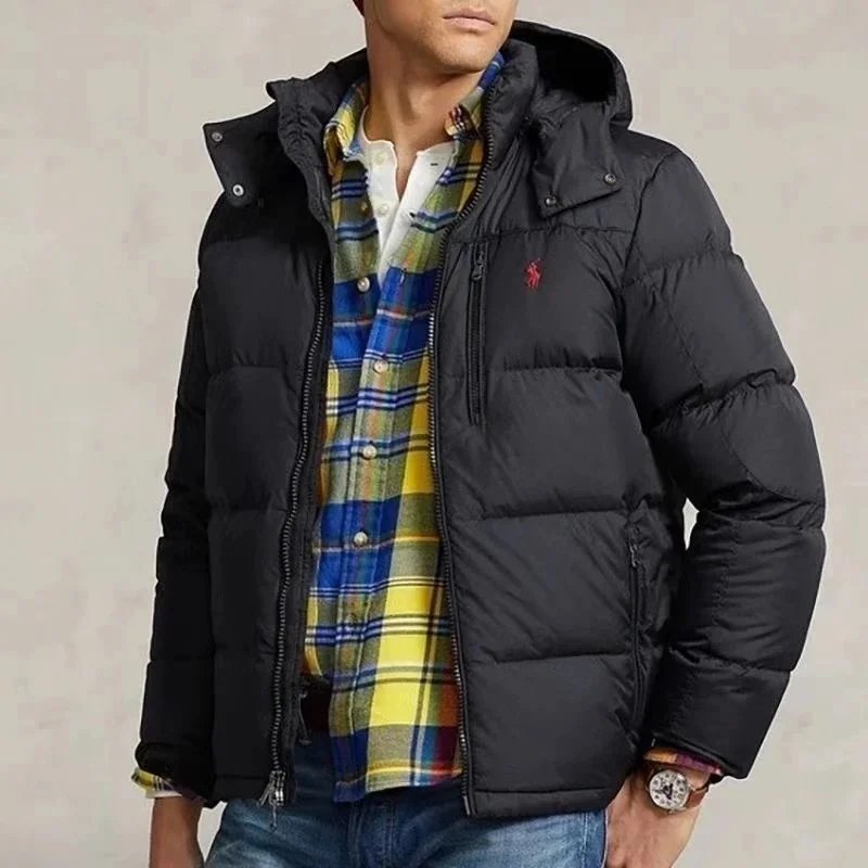 Men’s thickened gentleman style down jacket 2024 winter new hooded 90 white duck down warm black down jacket-TOP