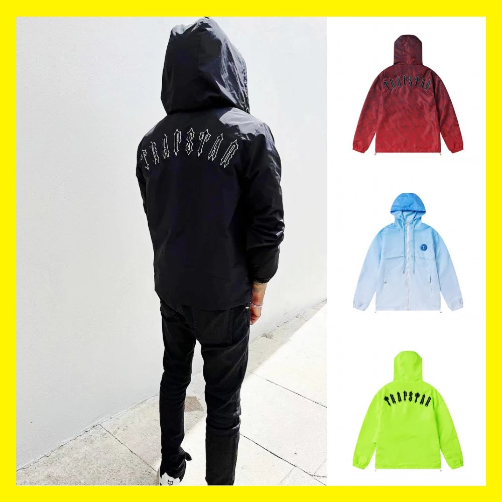 trapstar渐变蓝色刺绣logo户外冲锋衣情侣款防风工装夹克连帽外套 - 131518
