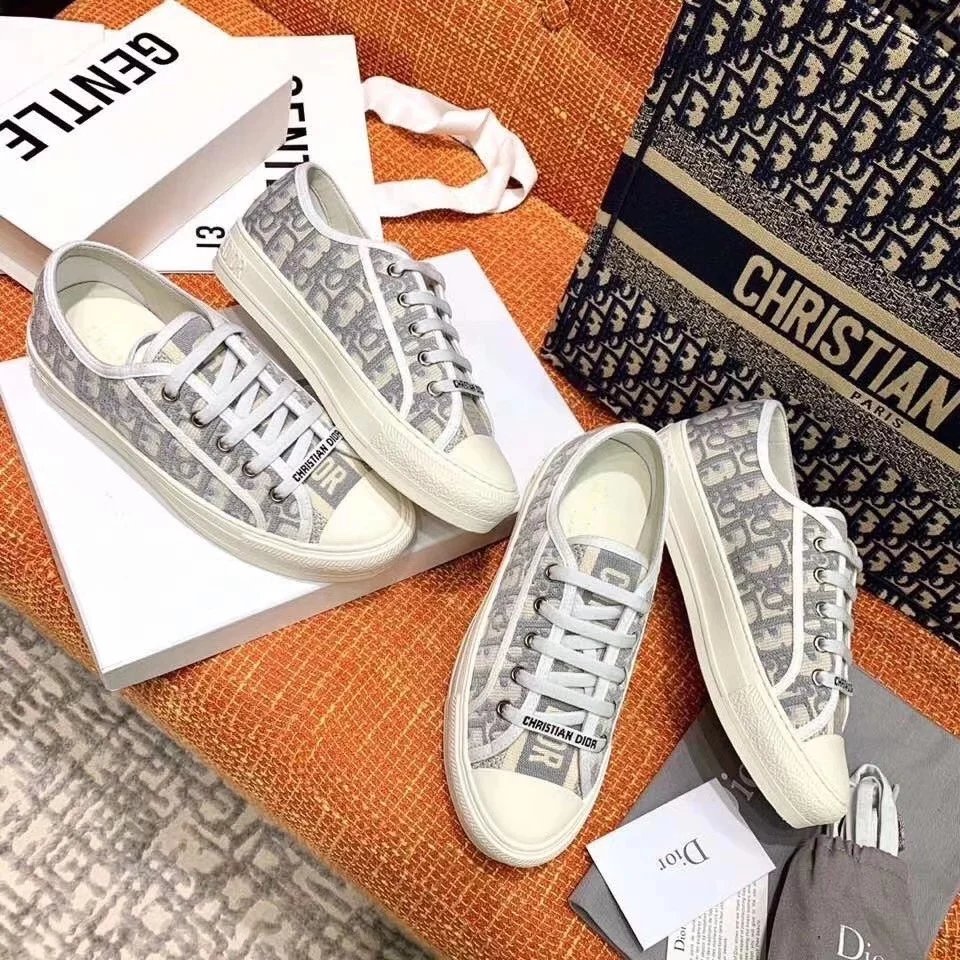 D迪奥女鞋帆布鞋小白鞋d家字母刺绣棉质老花平底板鞋低帮厚底渔夫鞋运动鞋迪奥刺绣小白鞋