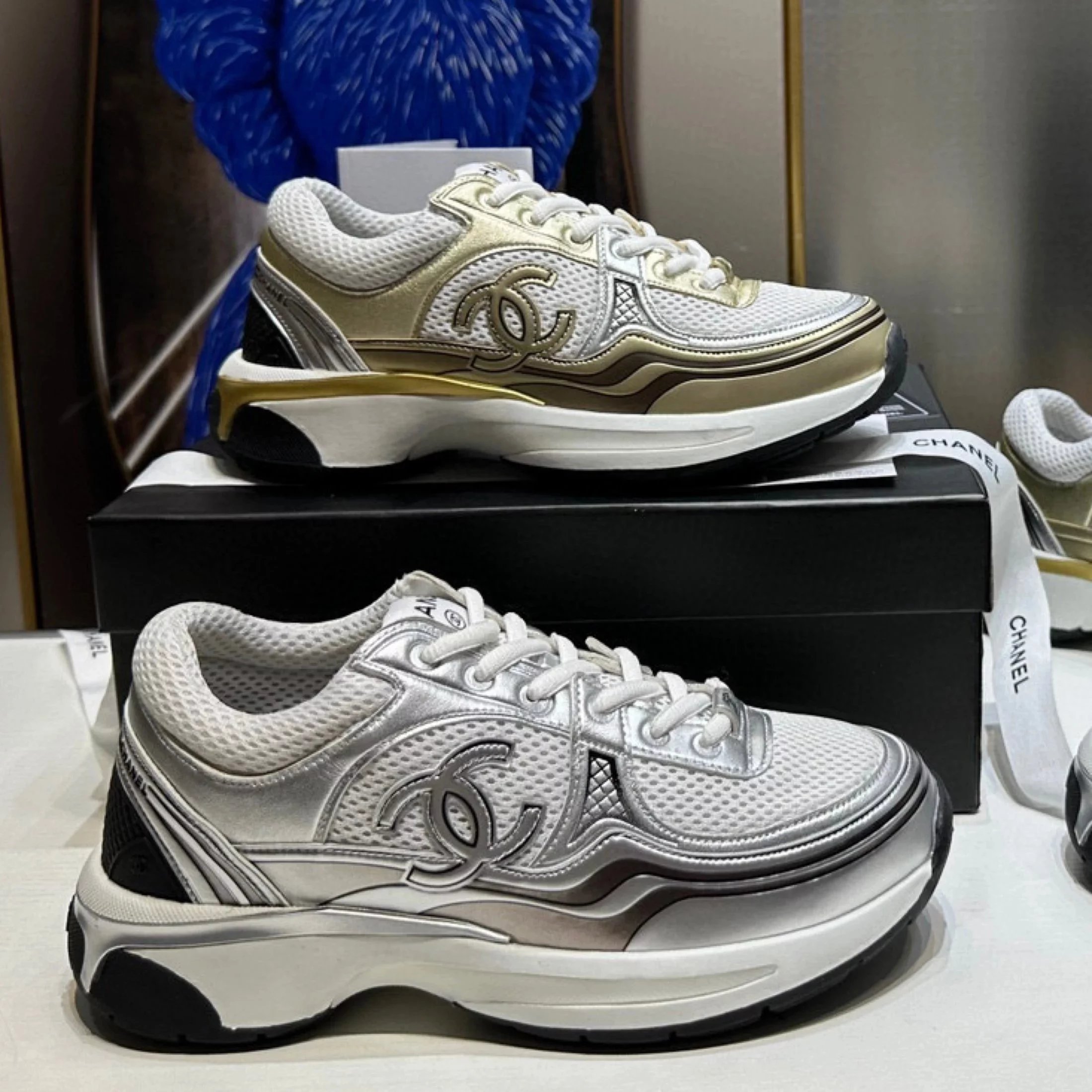 High-Replica Chanel / Silver Horn King Small-Chanel-Style Dad Shoes Women's Sneakers Platform Thick Sole C-Logo Mesh Running Shoes Low-Top Casual Shoes Small Chanel Casual Series 22A23C Collection Golden Horn King Silver Horn King 3D Printed Couple Style Double C Logo Sneakers Space Silver Color Block CC Logo Air Cushion Running Shoes Sneakers Bullet