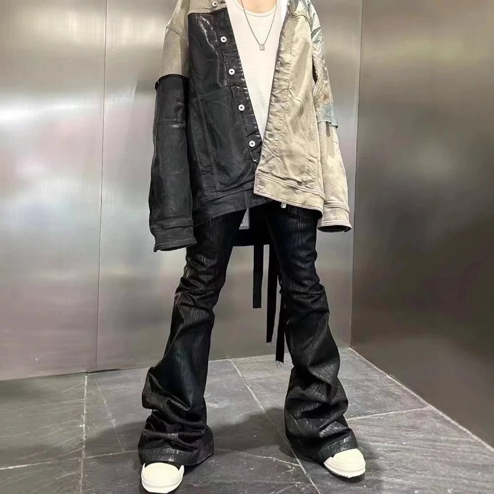 Dark Wax Coated Pure Black High Stretch Ribbon Wide Leg Jeans Slight Flare Pants Men-MLMLSPTS0505