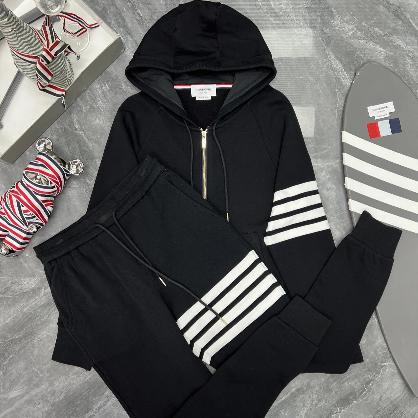 Thom Browne Black Hoodie and Jogger Set
