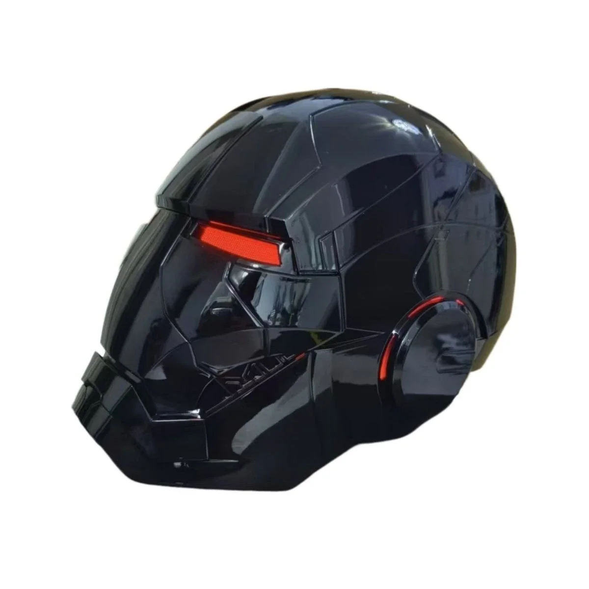 black iron man helmet with glowing red LED