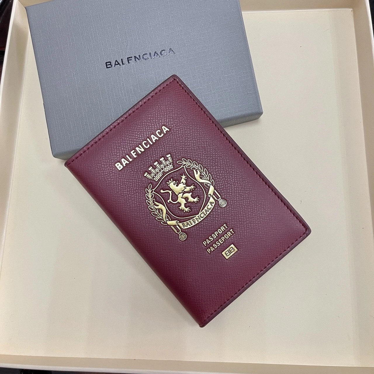 Balenciaga Crest Passport Holder Textured Calfskin Passport Burgundy