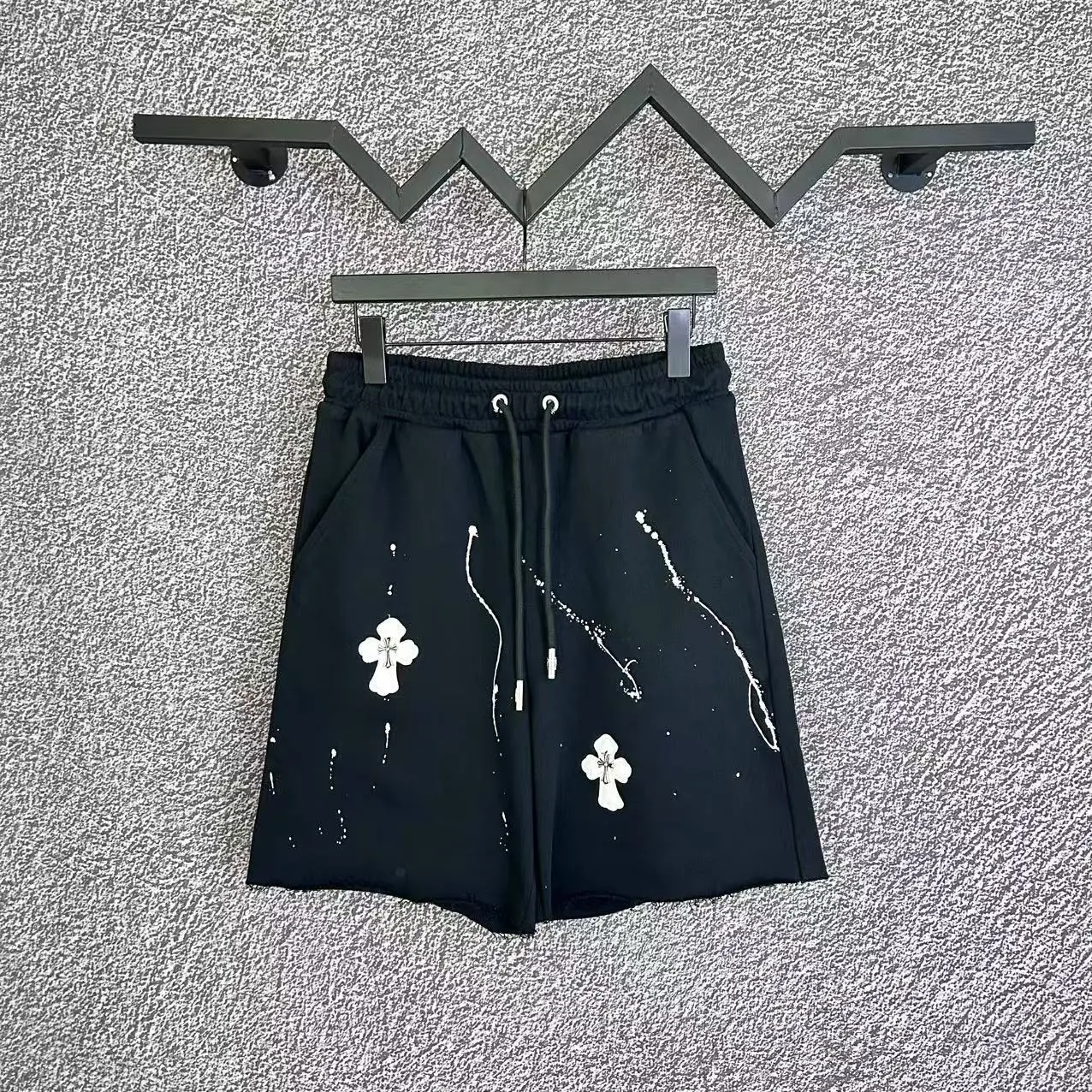 Chrome Hearts Ink Splatter Cross Patch Black Terry Sweat Shorts - rep szorty