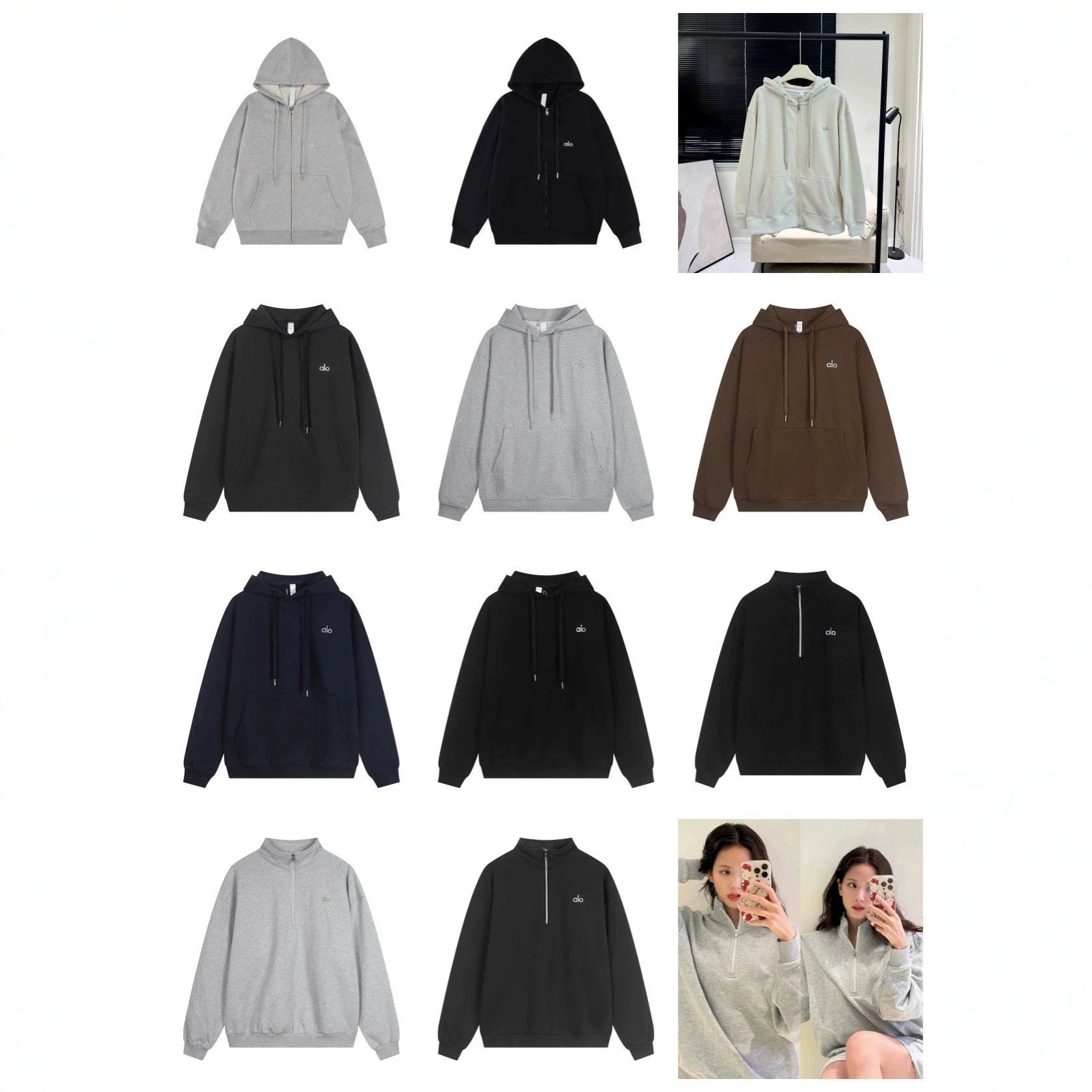 Crewneck Hooded Sweatsuit Set Loose Casual Pullover Zip-Up Unisex