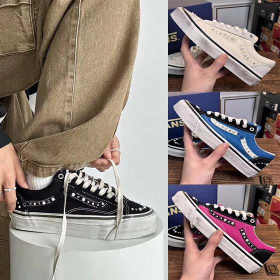 Pearl Rhinestone Distressed Chunky Sneakers Black & White Checkerboard Thick Sole Unisex Casual Shoes
