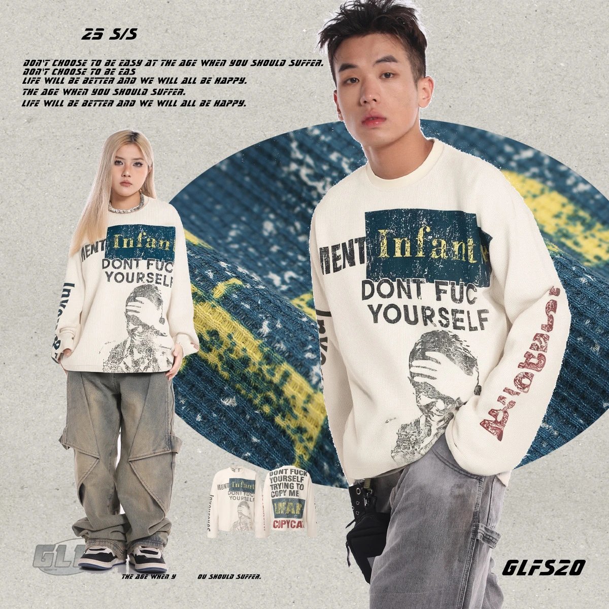 Lazy style American round neck hoodie trend street bombing print autumn and winter men's long sleeved top