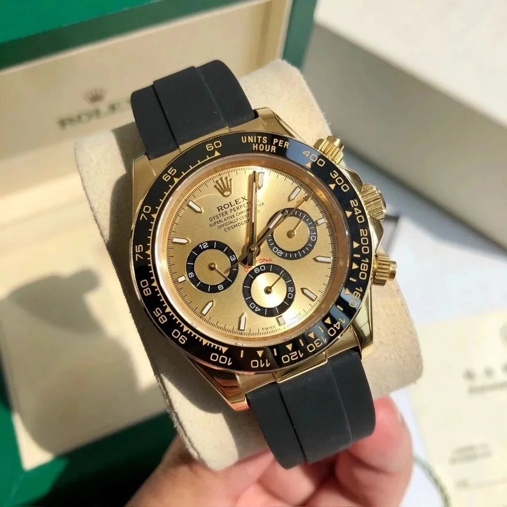 Rolex Daytona Gold Chronograph with Black Ceramic Bezel and Rubber Strap Watch Watches