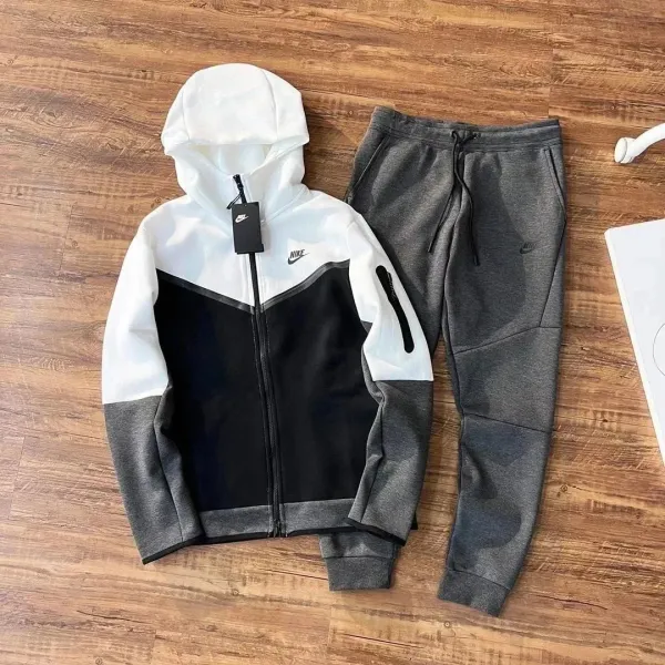 Nike Tech Fleece Windrunner Hoodie and Joggers Set White/Black/Gray Tracksuit - 1