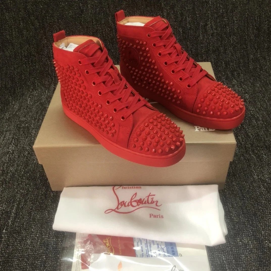 Christian Louboutin Louis Spikes Red Suede High-Top Sneakers