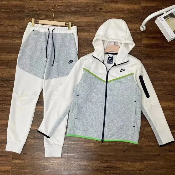 Nike Tech Fleece Windrunner Hoodie and Sweatpants Set White/Gray/Green Tracksuit - 1