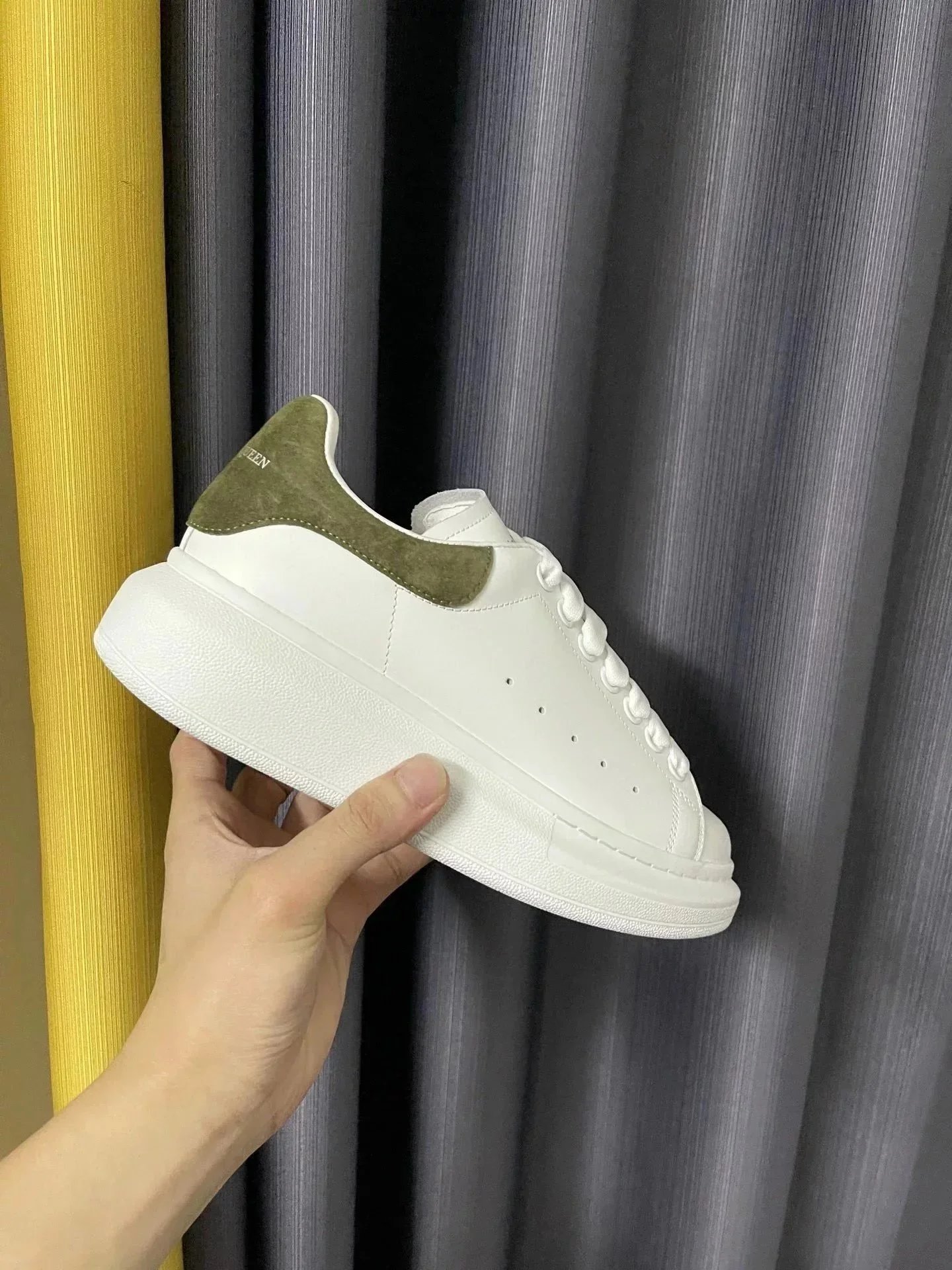 Alexander McQueen Oversized Sneaker White with Olive Green Suede Accents Sneakers - 1