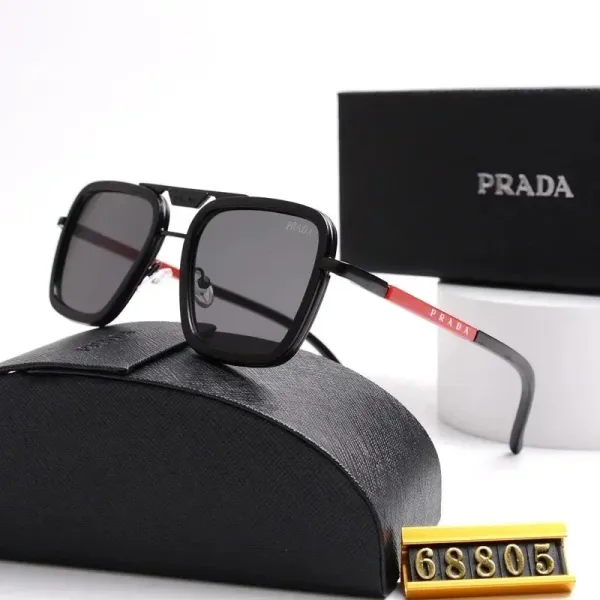 Prada Square Frame Sunglasses with Red Logo Temples Black - 1