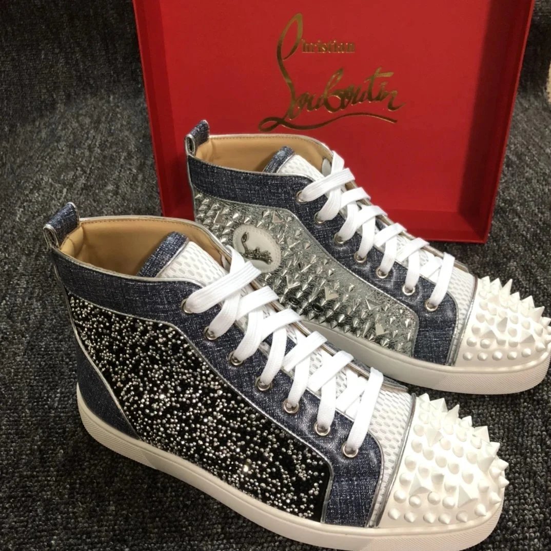 Christian Louboutin Louis Junior Spikes Denim & Crystal-Embellished High-Top Sneakers