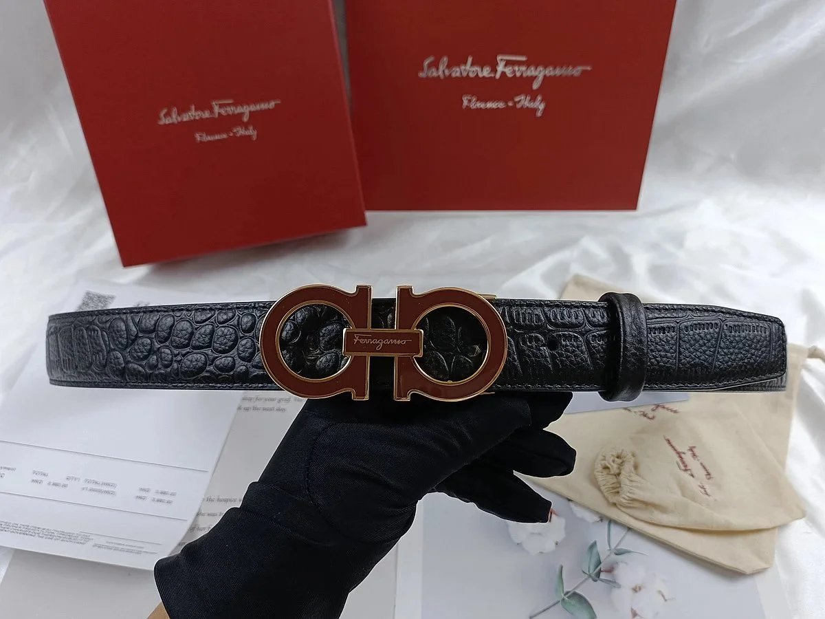 Salvatore Ferragamo Gancini Gold Buckle Black Croc-Embossed Leather Belt - 5