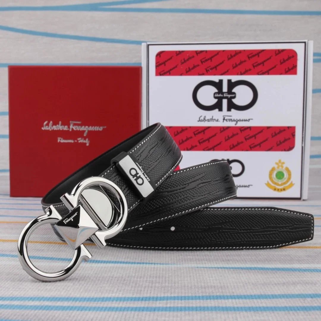 Salvatore Ferragamo Gancini Gold Buckle Black Croc-Embossed Leather Belt - 10