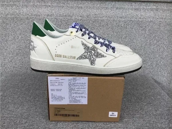 Golden Goose Ball Star White with Glitter Star and Green Heel Tab Sneakers - 1