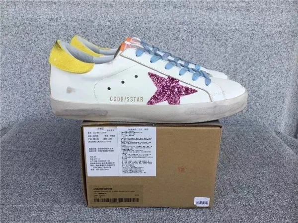 Golden Goose Superstar White Pink Glitter Star Yellow Heel Sneakers - 1