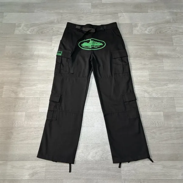 Design Cargo Pants with Neon Green Logo Black Pants - 1