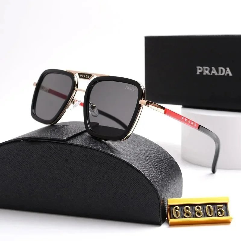Prada Square Frame Sunglasses with Gold Trim and Red Temple Detail - 1
