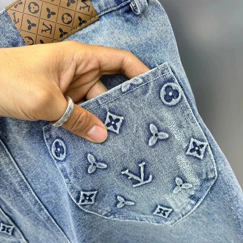 LV Monogram Denim Shorts & Black T-Shirt Set