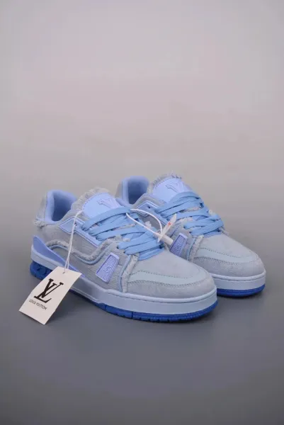 Louis Vuitton Trainer Low Ice Blue Monogram Denim Sneakers - 1