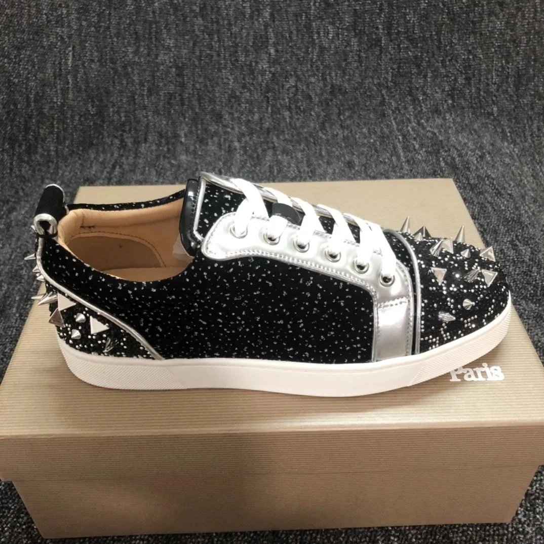 Christian Louboutin Louis Junior Spikes Black Glitter Silver Accents Sneakers