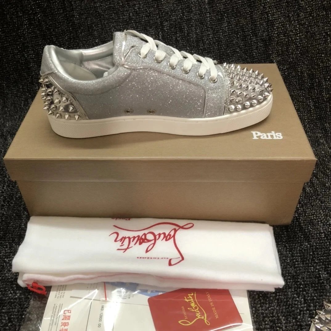 Christian Louboutin Louis Junior Spikes Silver Glitter Sneakers