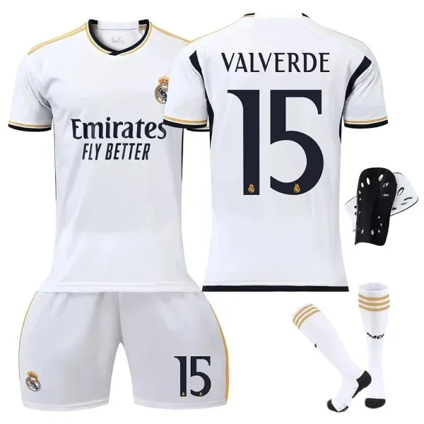 Real Madrid 2023-24 Home Kit Valverde #15 White Jersey Set - 1