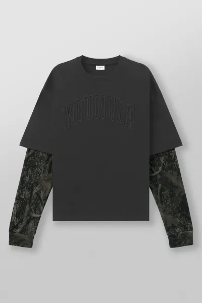 Design YOUNGLA Arch Logo Layered Long Sleeve T-Shirt Black T-Shirts - 1