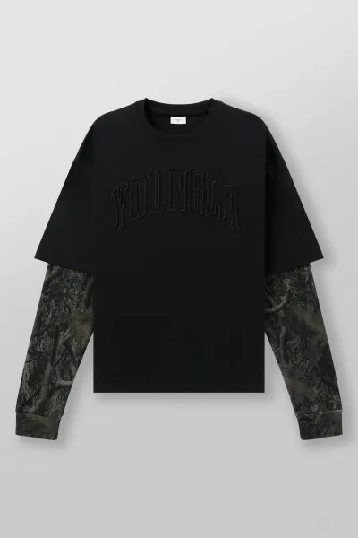 Design YOUNGLA Arch Logo Layered Long Sleeve T-Shirt Black T-Shirts - 17