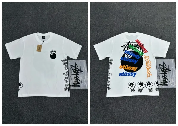 Stussy Multi-Logo Skull Print White T-Shirt - 1