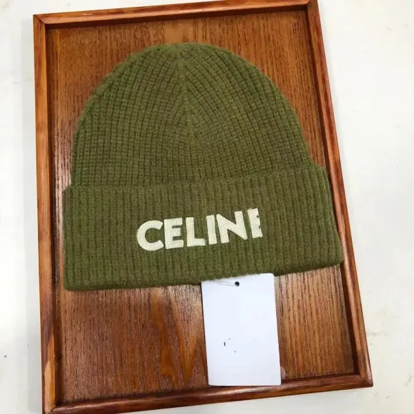 Celine Logo Knit Beanie Army Green - 1