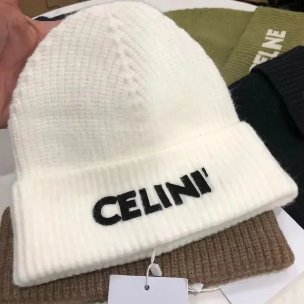 Celine Logo Embroidered Ribbed Beanie White - 1