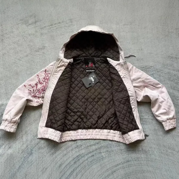 Cherry Blossom Embroidered Hooded Bomber Jacket Beige - 7
