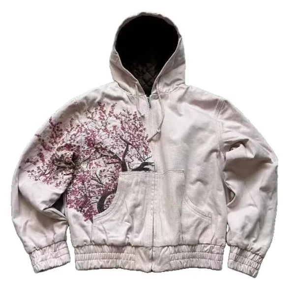 Cherry Blossom Embroidered Hooded Bomber Jacket Beige - 9