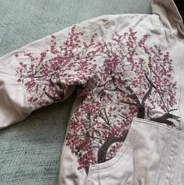 Cherry Blossom Embroidered Hooded Bomber Jacket Beige - 8