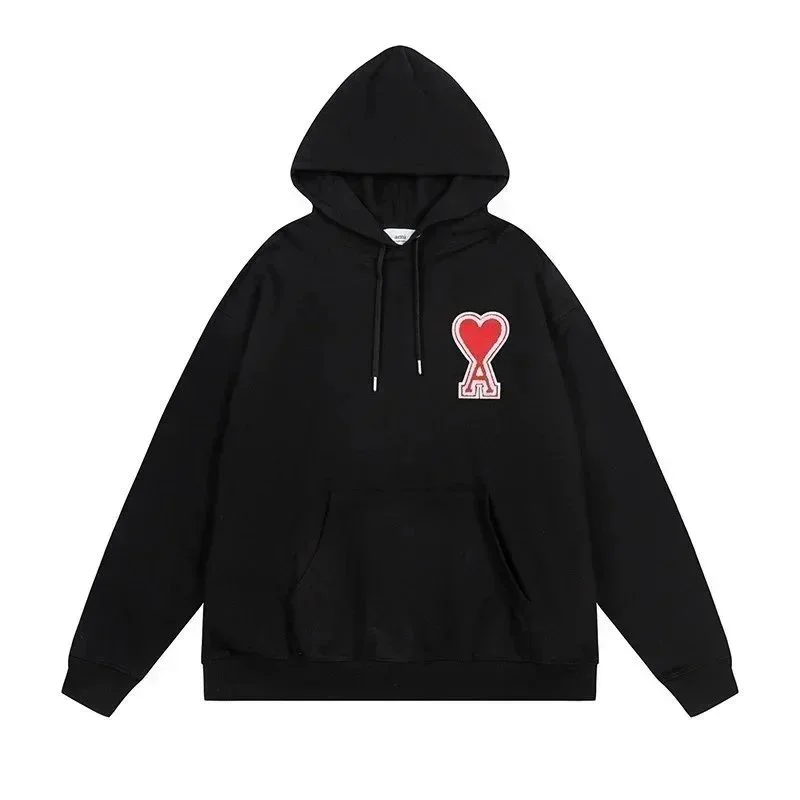 AMI Paris Black Hoodie with Embroidered Red Heart A - rep Ami Paris