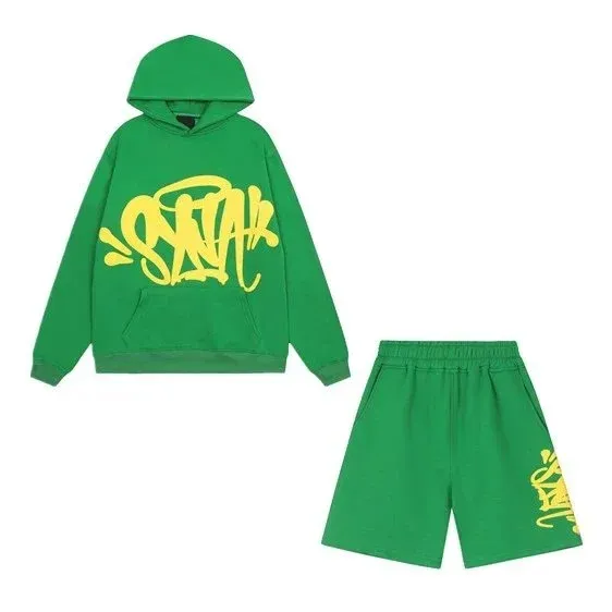 Skaah Graffiti Print Green Hoodie and Shorts Set - 1