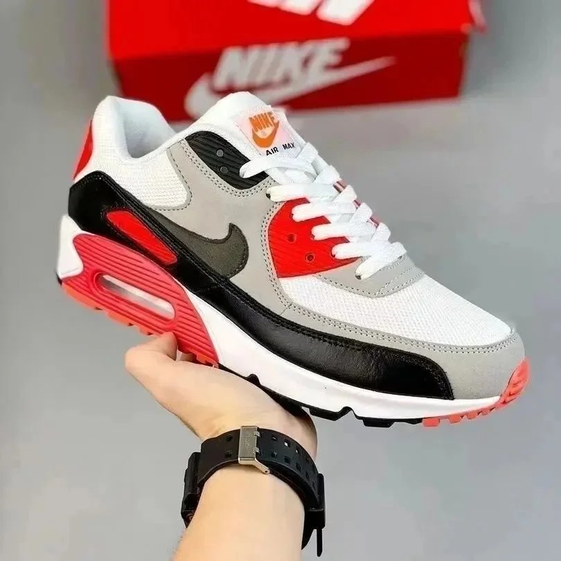 Nike Air Max 90 White/Red/Gray Running Shoes - 1