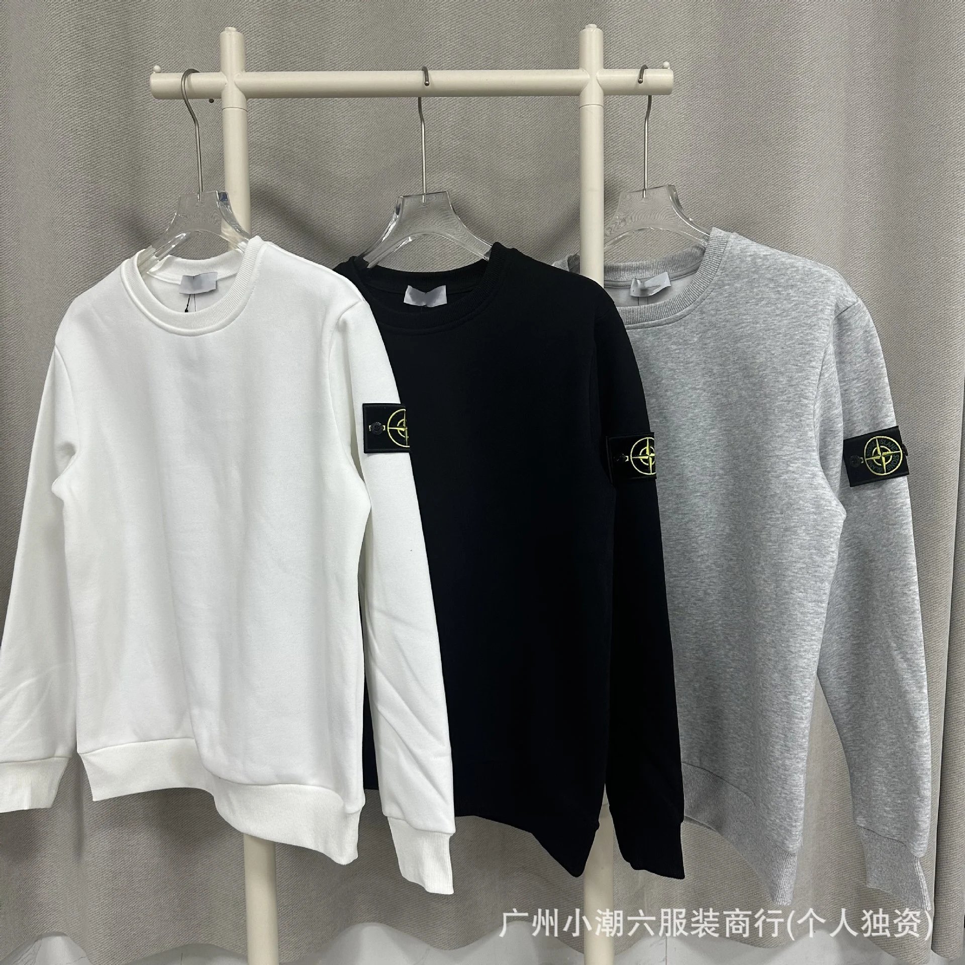 Cross-border STONE Pure Color Ins Compass Badge Basic Pullover Techwear Casual Unisex Crewneck Sweatshirt